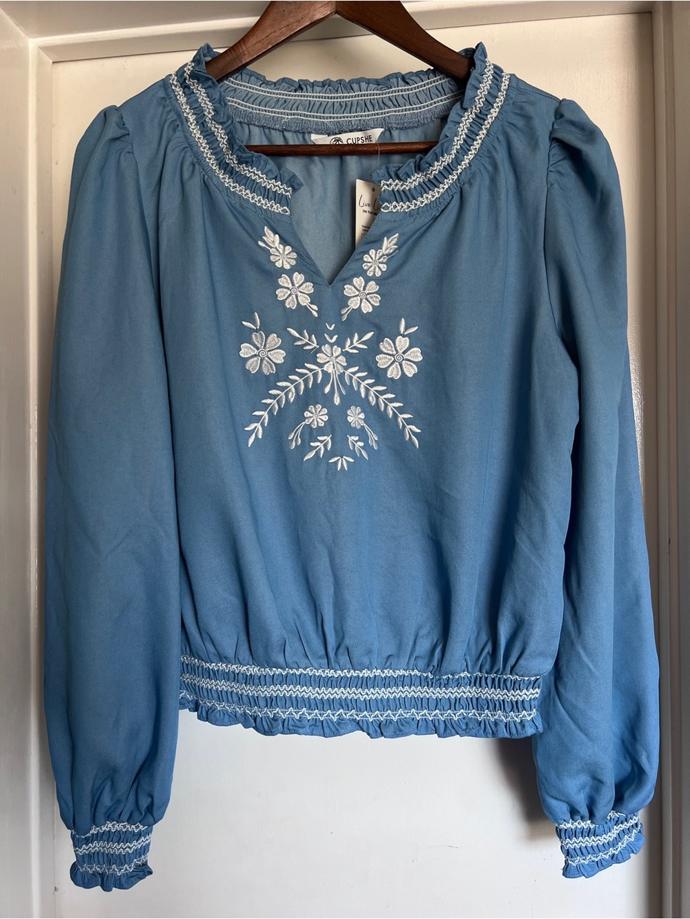 Cupshe Sky Blue Embroidered Peasant Blouse